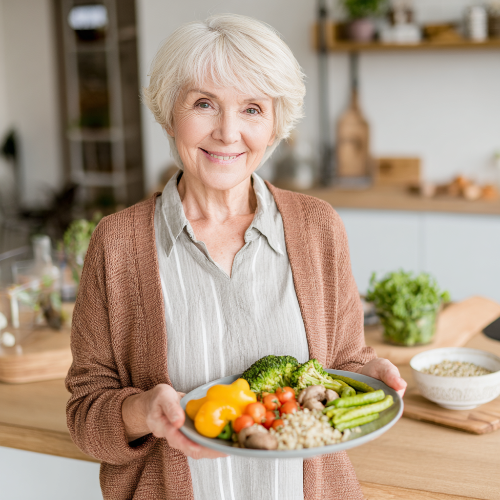 Smiling elderly European woman holding a colorful healthy meal plate with fresh vegetables and grains, sitting in a bright modern kitchen
