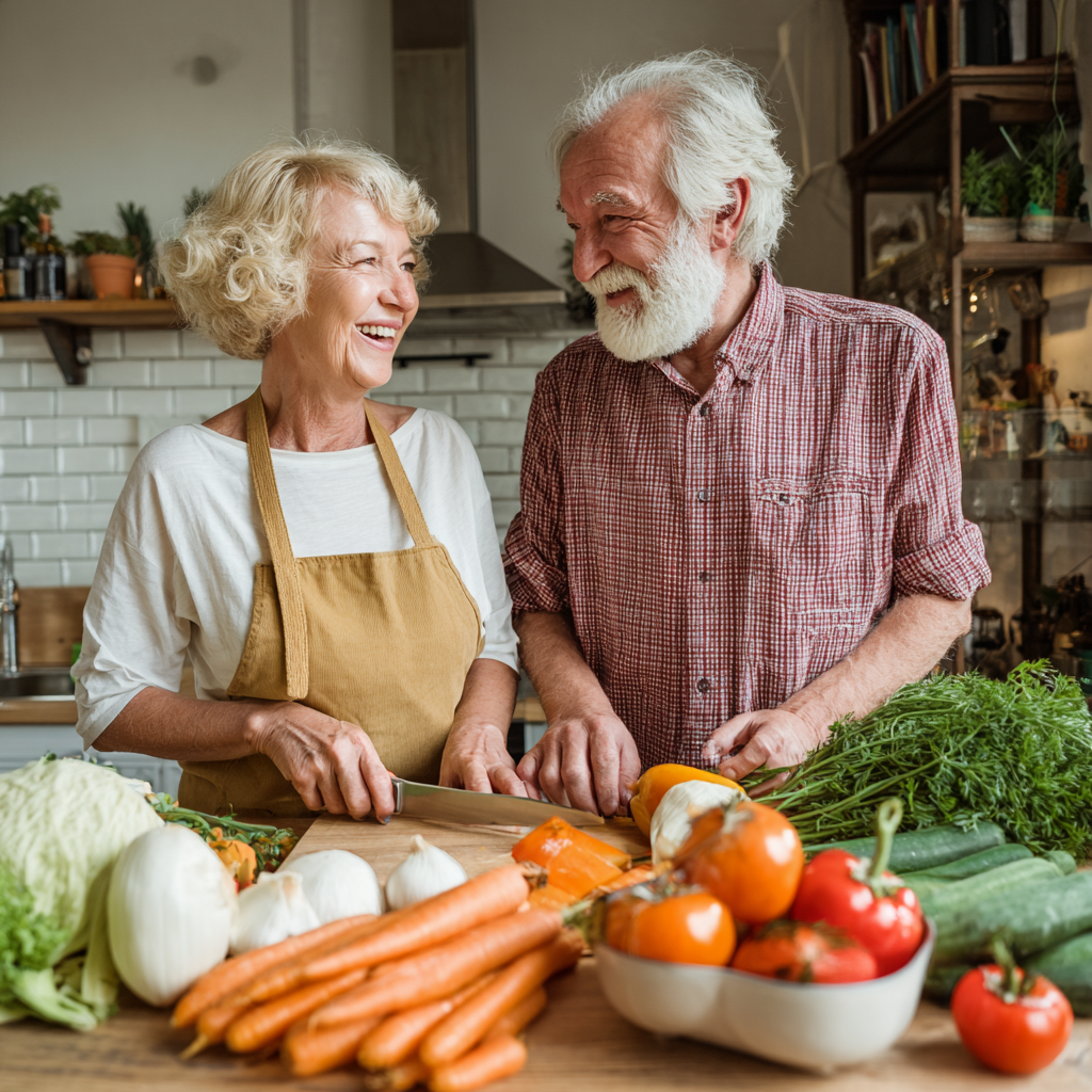 Smiling elderly European couple cooking together in a modern kitchen, preparing colorful healthy ingredients with joy and cooperation
